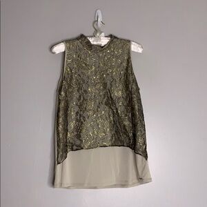Tahari Metallic Gold Lace Layer Sleeveless Top Medium women’s chic blouse